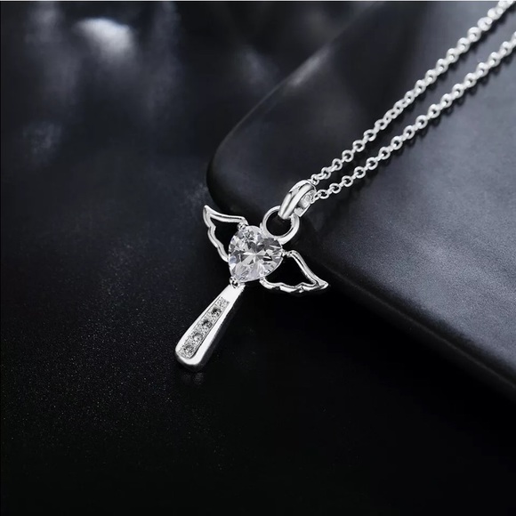 Sterling Silver Crystal Cross Angel Wings Necklace NEW - Picture 5 of 9